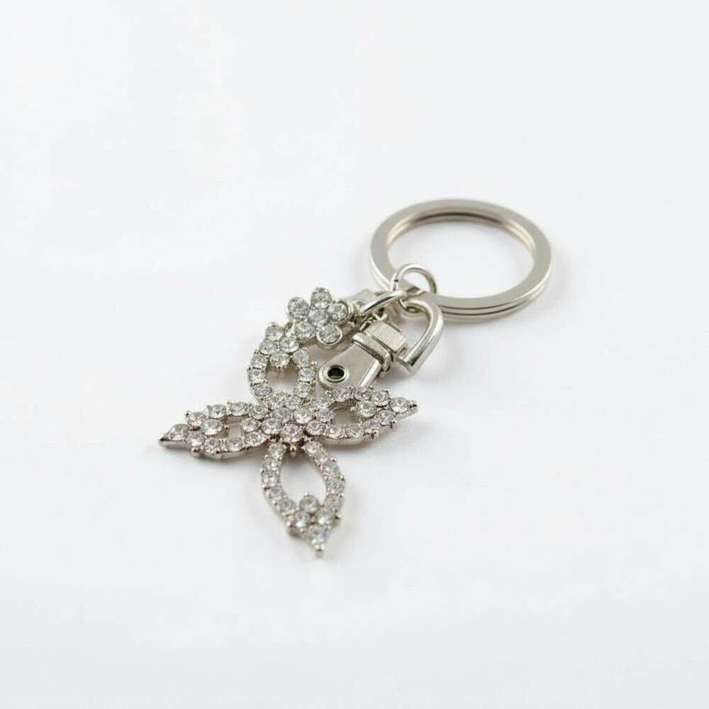Silver Rhinestone Butterfly Keychain Bag Charm Swivel Clasp Crystal Accessory